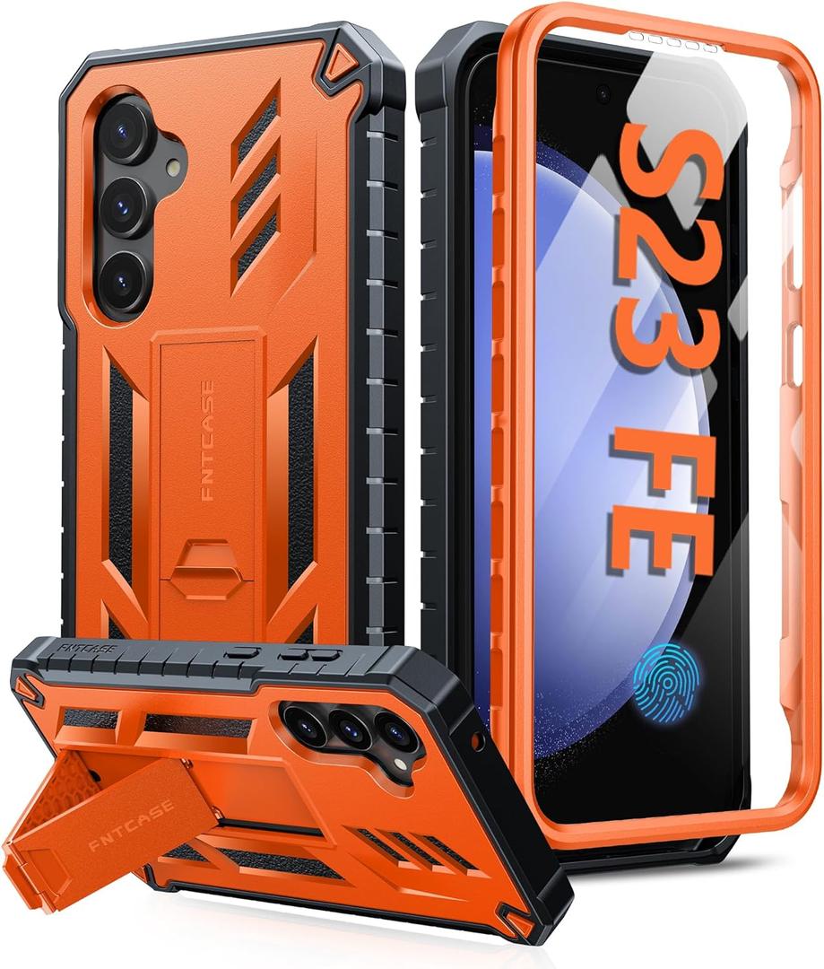 FNTCASE for Samsung Galaxy S23-FE Case: Military Grade Protective Hard Phone Case with Kickstand | Screen Protector | Shockproof TPU Full Protection Drop Proof Phone Cover for Galaxy S23 FE 5G Orange