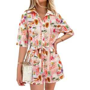 PRETTYGARDEN Womens Rompers for Summer 2025 Beach Vacation Clothes Short Sleeves Floral Jumpsuits Beach Cover Up (XL)