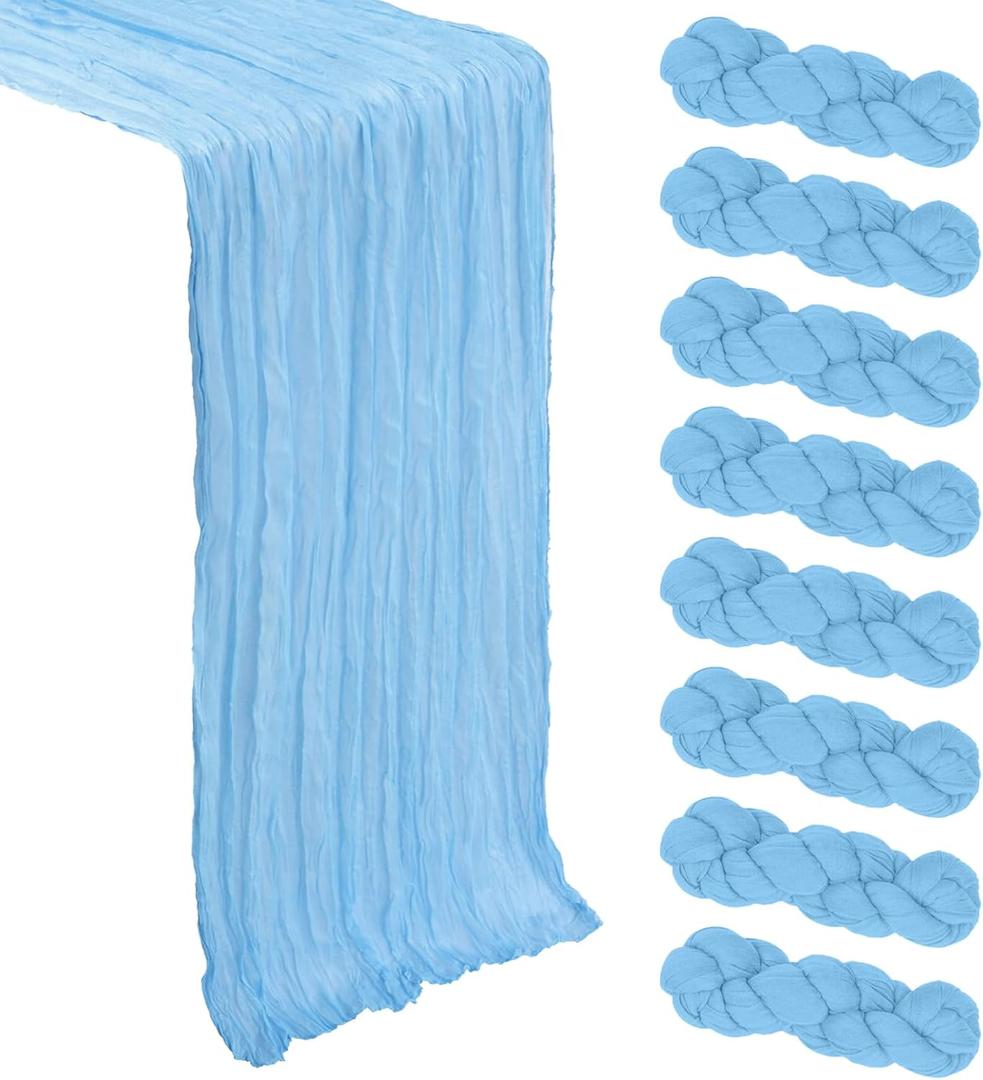8 Pack Baby Blue Cheesecloth Table Runner 10Ft Spring Gauze Cheese Cloth Table Runner 120 Inch Boho Sheer Rustic Fabric for Holiday Decor Bridal Baby Shower Wedding Home Decoration