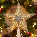 8 Christmas Star Tree Topper Silver Glittered Hollow 3D Christmas Tree Star Topper Built in 10 Bulbs String Lights Treetop Plug in (4 Bulbs 2 Fuses Spare) for Holiday Decor Tree Decorations