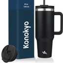 Konokyo 40 oz Tumbler with Handle and 2 Straws,2 in 1 Lid Insulated Water Bottle Stainless Steel Travel Coffee Mug,Black