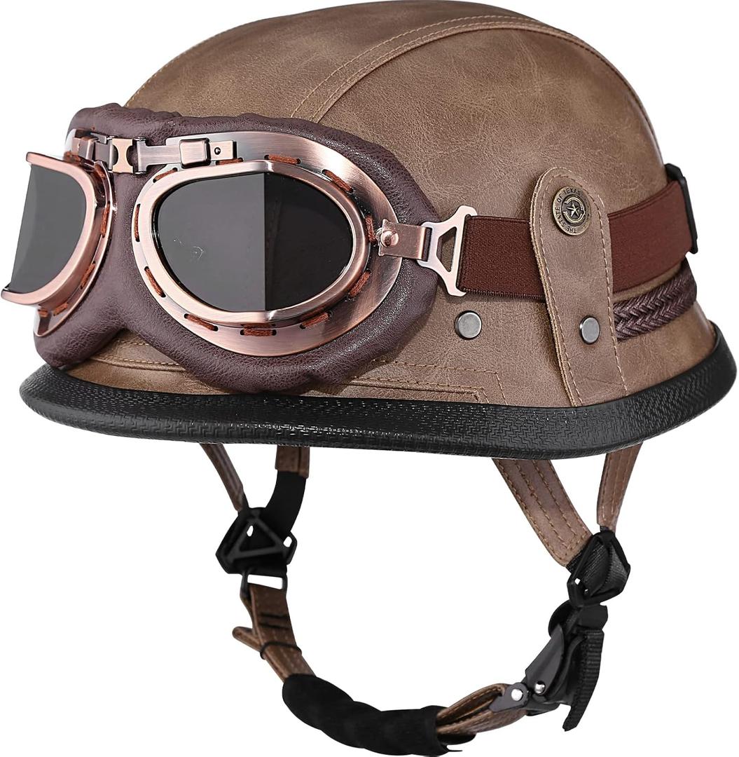 Motorcycle Half Helmet Retro German Handmade Leather Half Face Quick Release Buckle & Goggles - DOT Approved (Light Brown, L)