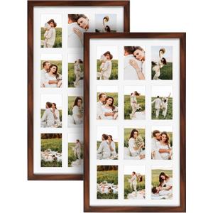12 Opening 4x6 Collage Picture Frames Set of 2, Rustic Brown Multiple Frames for Displaying 6x4 Photos with Mat