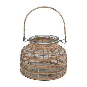 Bloomingville Glass Rattan Wrapped Tealight Holder with Handle Vase, 5" L x 5" W x 4" H, Natural,AH2300