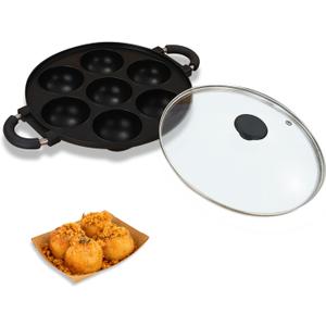Large Aperture Takoyaki Pan with Glass Cove, Cast Iron Takoyaki Pan(7 Hole)