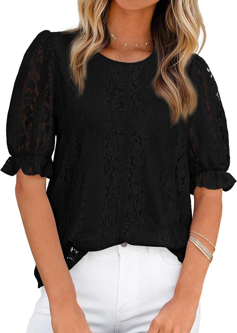 KIRUNDO Lace Tops for Women Trendy 2026 Eyelet Floral Summer Clothes Short Puff Sleeve Spring Blouse Cruise Vacation Outfits (Black, L)