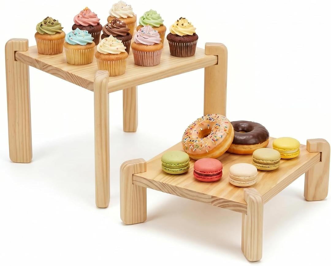 2Pack Solid Pine Wooden Display Risers,Dessert Stands for Cup Cake or Food, Riser Display Stand for Perfume Collectibles, Tiered Shelf Organizer for Market Retail Vendors