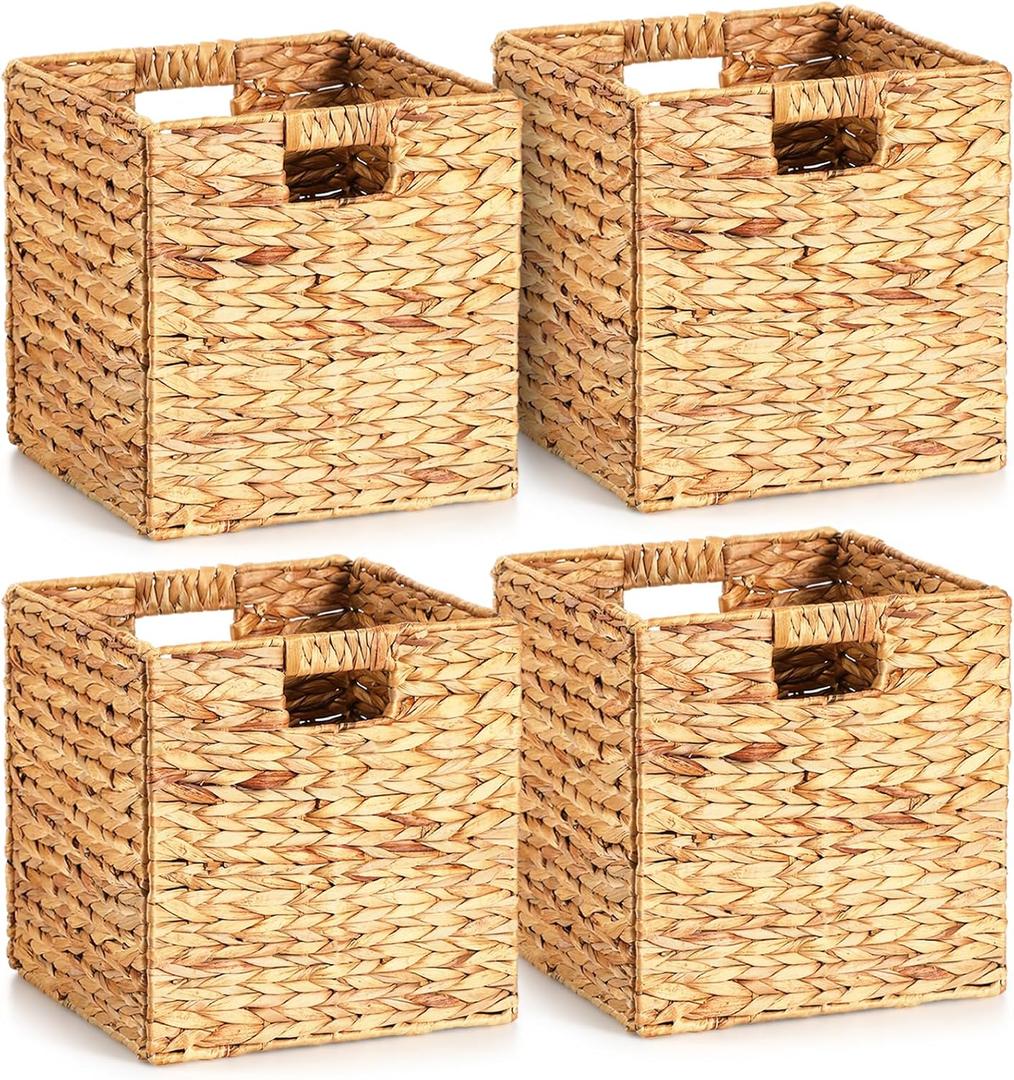 Layhit 4 Pcs Wicker Storage Basket Water Hyacinth Handwoven Baskets with Handles Foldable Woven Organizer Multipurpose Wicker Storage Bins for Bedroom Living Room(12 x 12 x 12'',Natural)