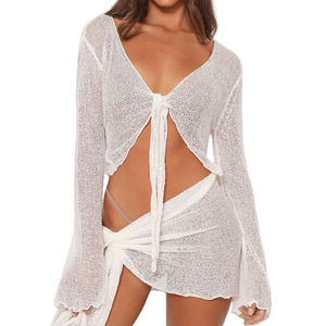 Women's 2 Pieces Outfits Mesh Perspective Suit Swimming Beach Long Sleeve Crop Top and Mini Skirt Set, M