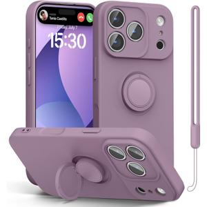 pcgaga Compatible with iPhone 17 Pro Max Case 6.9 inch, Silicone Slim Design with [Ring Holder Stand] [Wrist Strap] [Microfiber Lining] Shockproof Protective Case Cover, Lilac Purple