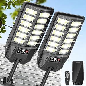 Solar Street Lights Outdoor 2 Pack, Motion Sensor Dusk to Dawn Security Lighting with Remote Control, IP66 Waterproof for Parking Lot, Backyard, Driveway, Garage, Wall or Pole Mount