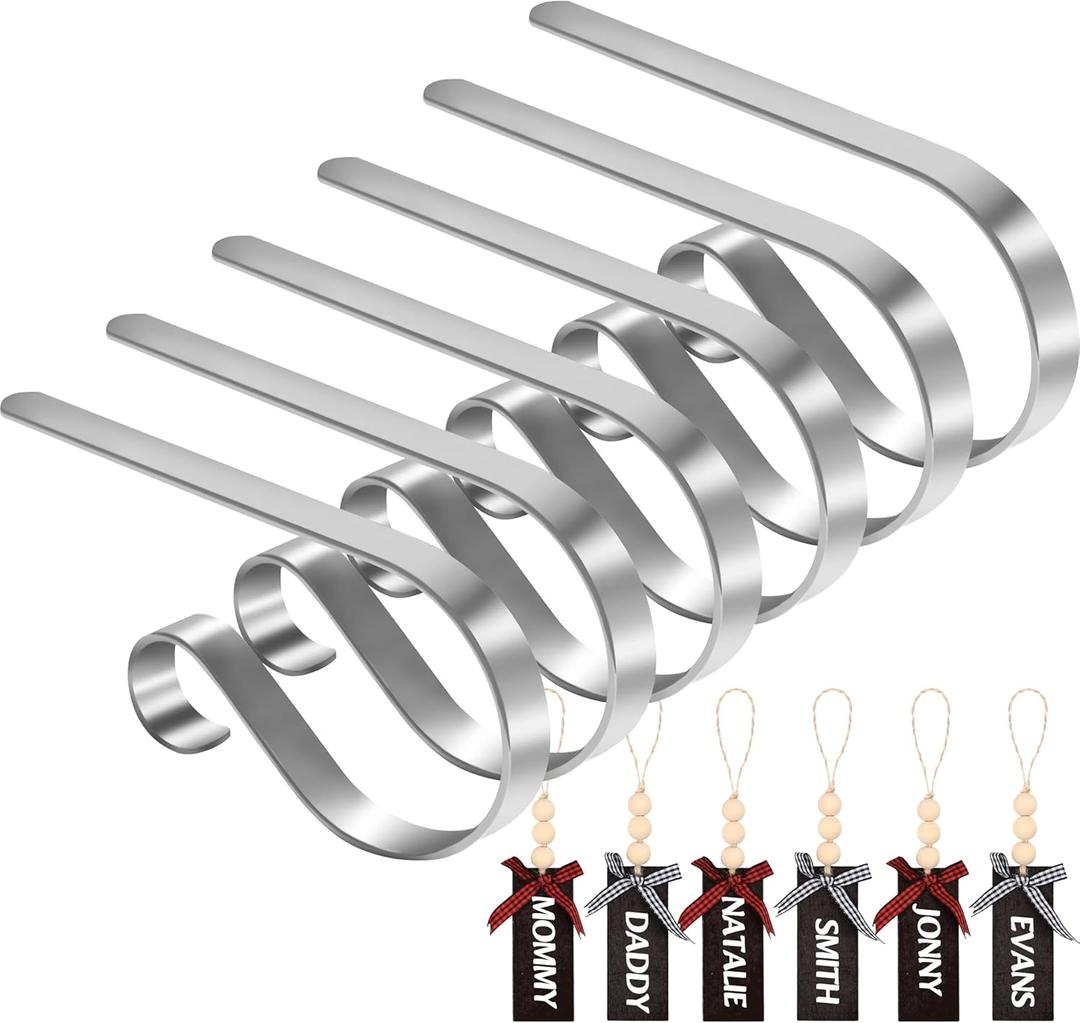 Palonu 8 Pack Christmas Stocking Holders for Mantle, Metal Stocking Hooks with Non-Slip Pads, Multi-uses Stocking Hangers Clips for Xmas Ornaments, Tables Window Fireplace Mantle Decoration (Nickel)