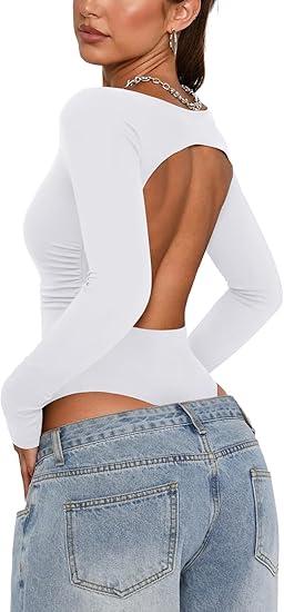 PINKMSTYLE Women Open Back Long Sleeve Bodysuit Boat Neck Double Lined Tops Slim Fit Ruched Backless Going Out Y2K Body Suit (Small)