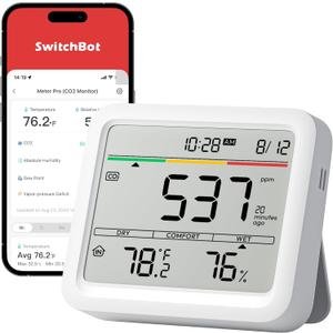 SwitchBot CO2 Detector, Air Quality Monitor Indoor, CO2 Monitor for CO2/TEMP/Humidity, Portable Carbon Dioxide Detector for Home/Car/Office/Greenhouse
