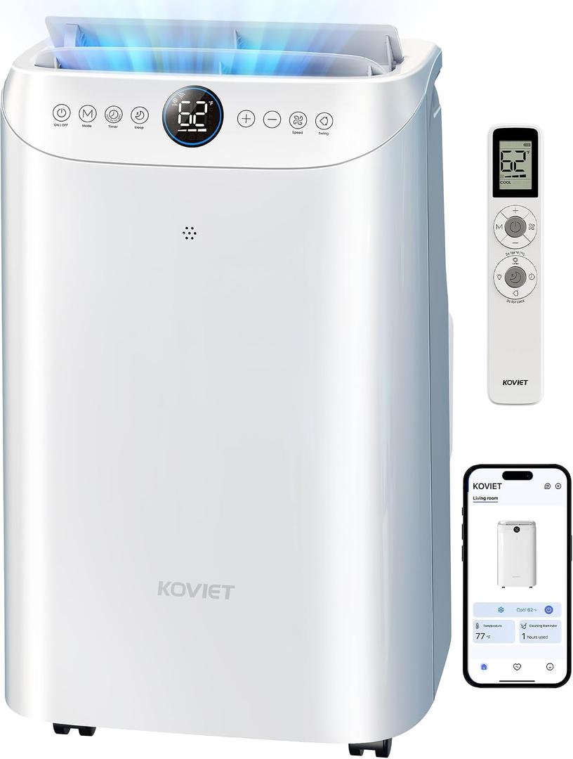 KOVIET 12000 BTU Portable Air Conditioners, 6-IN-1 Wi-Fi Smart AC Unit with APP & Voice & Remote Control, Auto-Evaporation, Quiet Cooling, 24H Timer, Dehumidifier, Fan, Window Kit Included, White