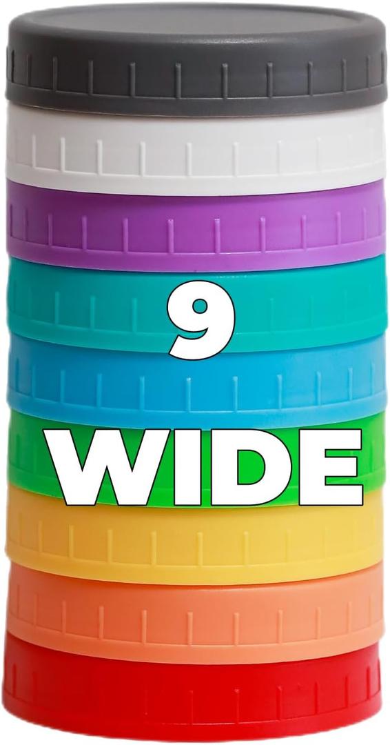 9 Pack Wide Mouth Silicone Rings, Colored and Plastic Lids, Fit Ball, Kerr or More (Multicolored)