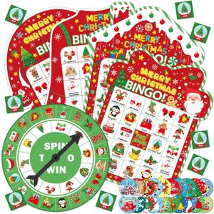 Christmas Bingo Game Cards for Adults 24 Players Christmas Party Bingo Games Winter Holiday Bingo Cards with Turntable Reward Stickers for Party Activities Home Family Party Game