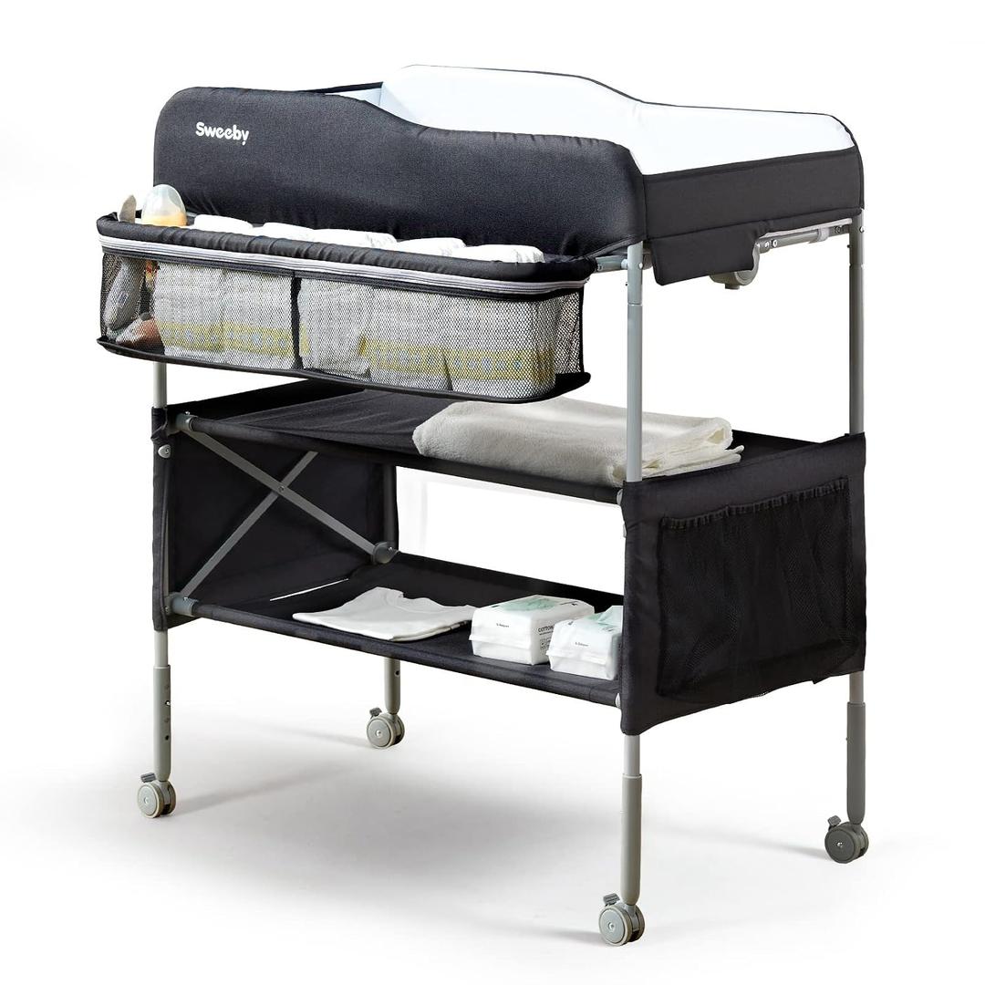Sweeby Portable Baby Changing Table, Foldable Diaper Changing Station with Waterproof Pad, Mobile Nursery Organizer for Infant & Newborn Essentials, Black