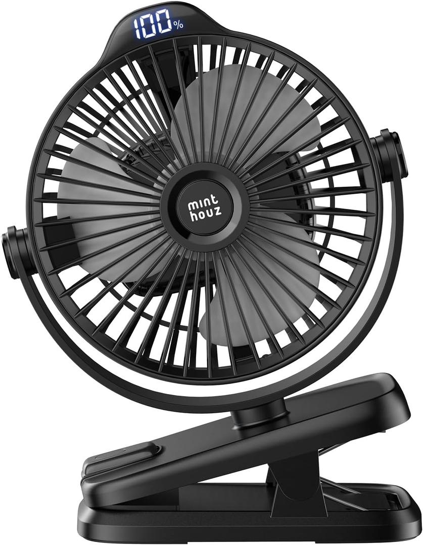 Minthouz Clip on Fan - 720 Rotation Portable Small Fan with LCD Digital Display, 8000mAh Low Noise Desk Fan for Outdoor Camping/Stroller/Home/Office