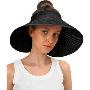 Womens Beach Straw Sun Hats Ponytail Hole Wide Brim Summer Visor Foldable Hat Sun Protection Packable for Travel Pool