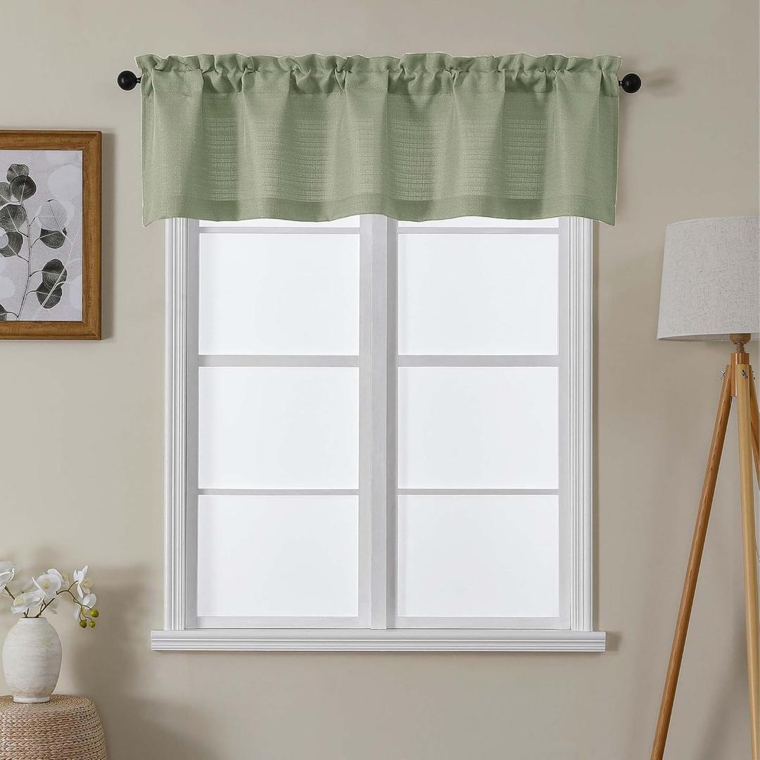 Lecloud 1 Piece Light Green Valances for Windows, Burlap Textured Window Kitchen Short Curtain for Bedroom Living Room, Classic Solid Rod Pocket Bathroom Cafe Small Curtain, 60" W x 14" L