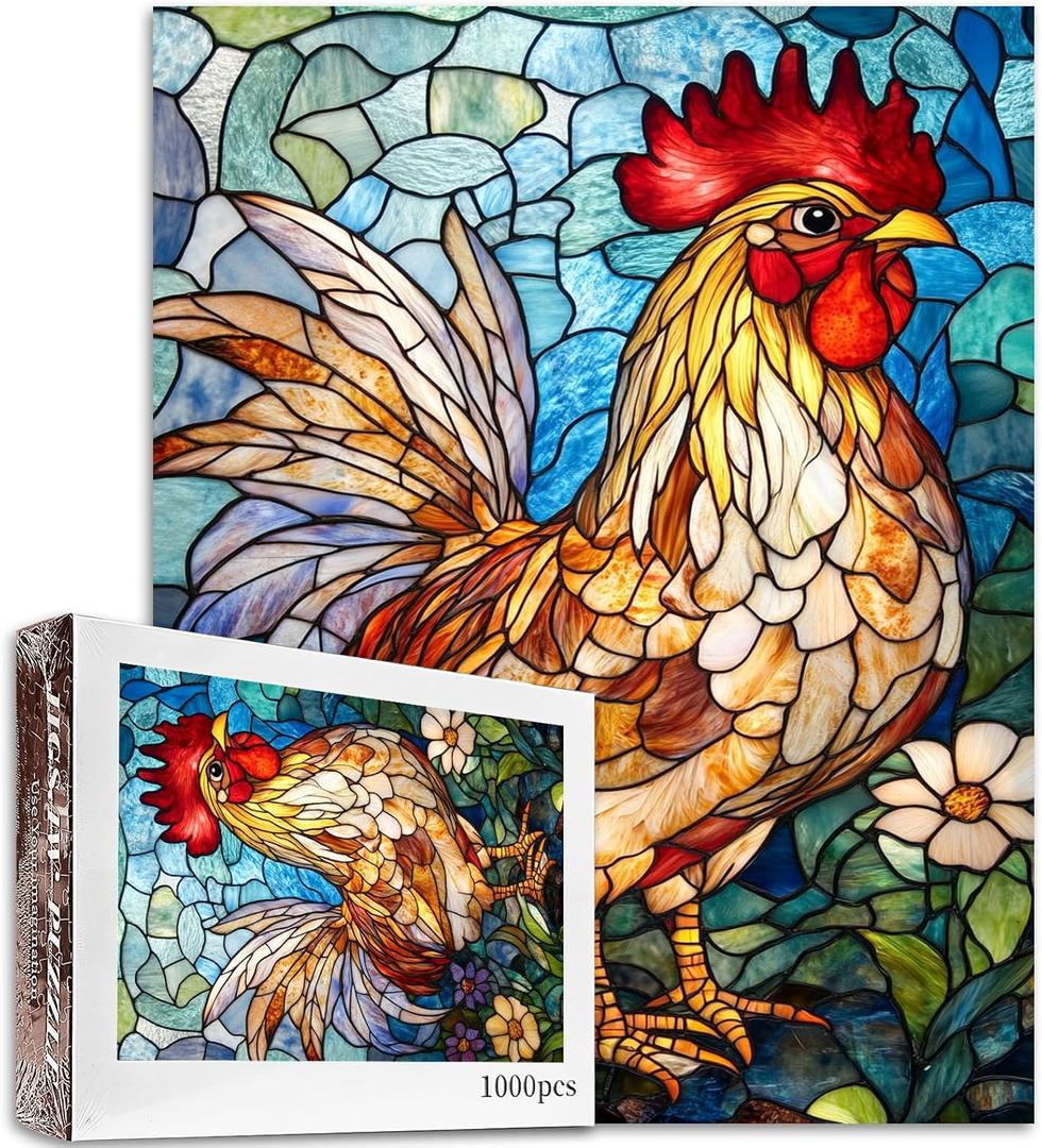 Glass Rooster Jigsaw PuzzleFarm Rooster 1000 Pieces Jigsaw Puzzles for Adults27 x 20 Inches Puzzles for FamiliesHD Quality Stained Glass Rooster Animal Photo Puzzle GiftPerfect for Game Nights