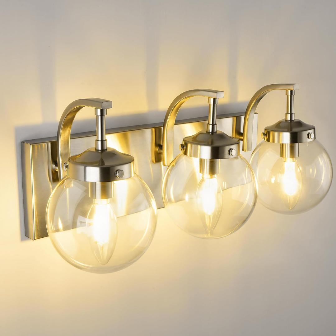 Beionxii Brushed Nickel Bathroom Light Fixtures, 3-Light Bathroom Vanity Light Over Mirror, Modern Vanity Lighting Fixtures with Clear Glass Shade for LivingRoom Hallway, BX-VL03BN-3CG