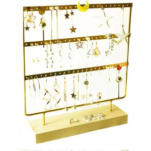 lemonadeus Earring Holder for Hanging Earrings Earring Stand Tree Display Stand Ear Stud Holder Jewelry Tower with Wooden Tray Dish (Gold66 Holes 3 Tier)