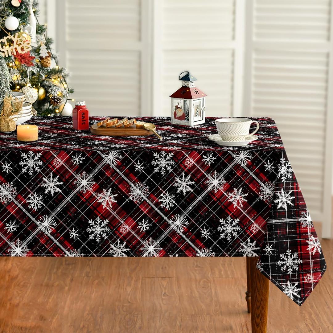 Horaldaily Christmas Tablecloth 60x84 Inch Rectangular, Black Red Grid White Snow Washable Table Cover for Party Picnic Dinner Decor