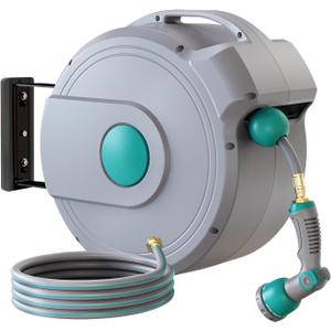 Retractable Garden Hose Reel, Retractable Hose 1/2 in x 100 ft, Retractable Garden Hose Wall Mounted, Retractable Hose Reel with 10-Function Sprayer Nozzle, Any Length Lock, 180 Swivel Bracket