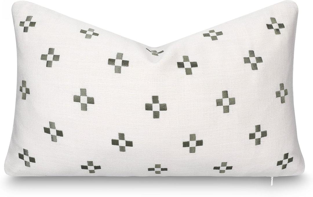 Crumbs Home Modern Farmhouse California Casual Indoor Outdoor Lumbar Pillow Cover, 12"x20" Water Repellent for Patio, Backyard, Couch, Poolside, Neutral Green Embroidered Small Squares