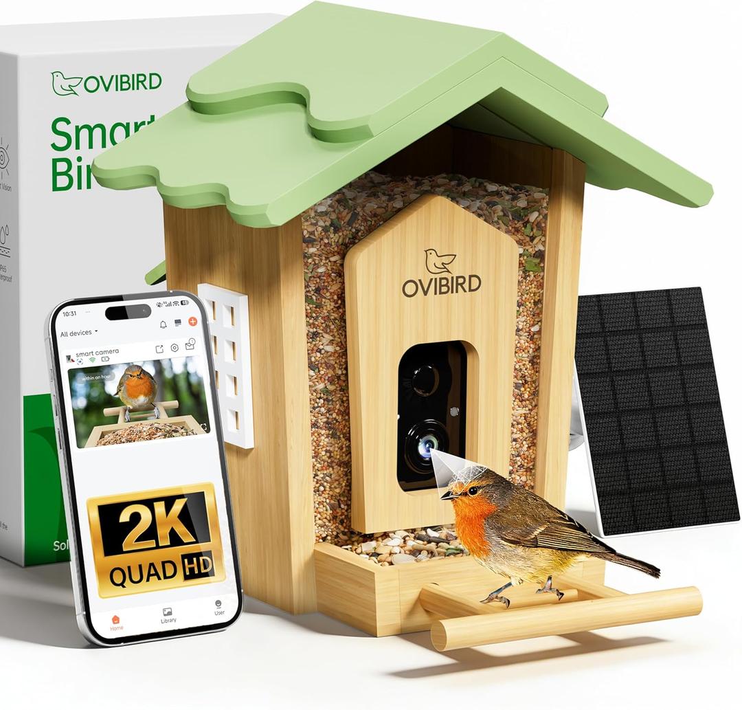 Ovibird Smart Bird Feeder with Camera, 2K Video Bamboo Bird Feeders with Solar Powered, IP65 Waterproof, AI Birds ID for 10,000+ Species, WiFi Birdhouse Camera for Birds Watching Gifts
