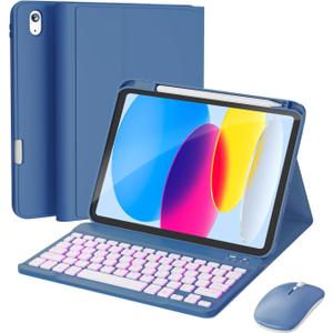 RAYMCRAFT for iPad 11th (A16, 2025) / 10th Generation Case with Keyboard, Mouse and Detachable Wireless Keyboard, 7-Color Backlight, Slim Case with Pencil Holder, Steel Blue