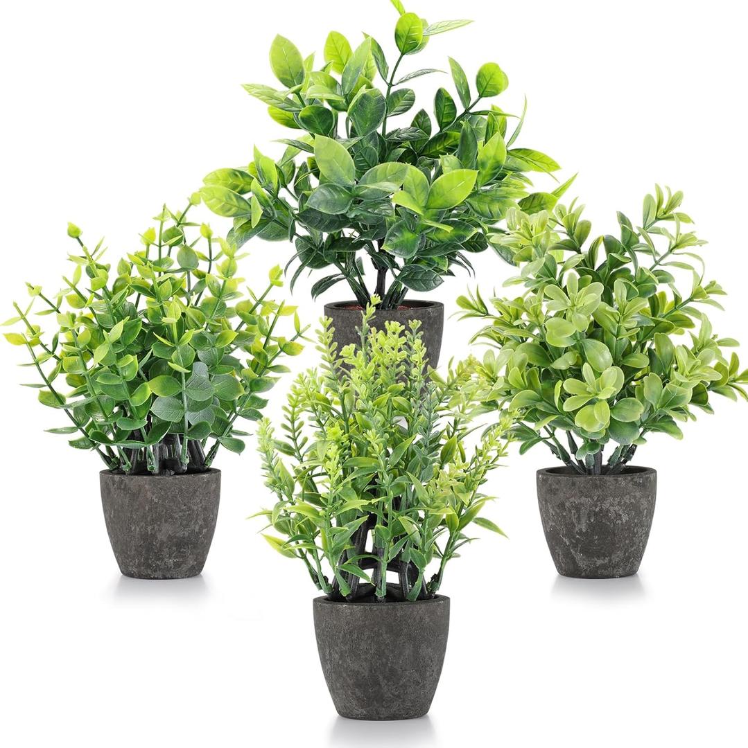 4 Pack Fake Plants Ceramic Mini Artificial Greenery Potted Plants for Home, Office, Room, Farmhouse, Indoor Table, Bathroom Decor (Black)