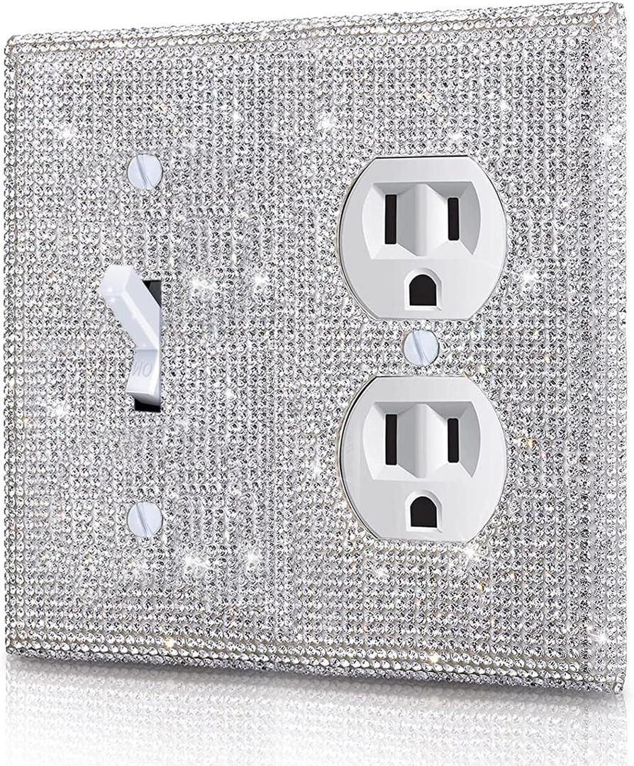 Gaocai Silver Shiny Silver Rhinestones Wall Plates Light Switch Cover Plate Decorative 3 Gang Wall Plate Bling Light Switch Cover (Standard Size)