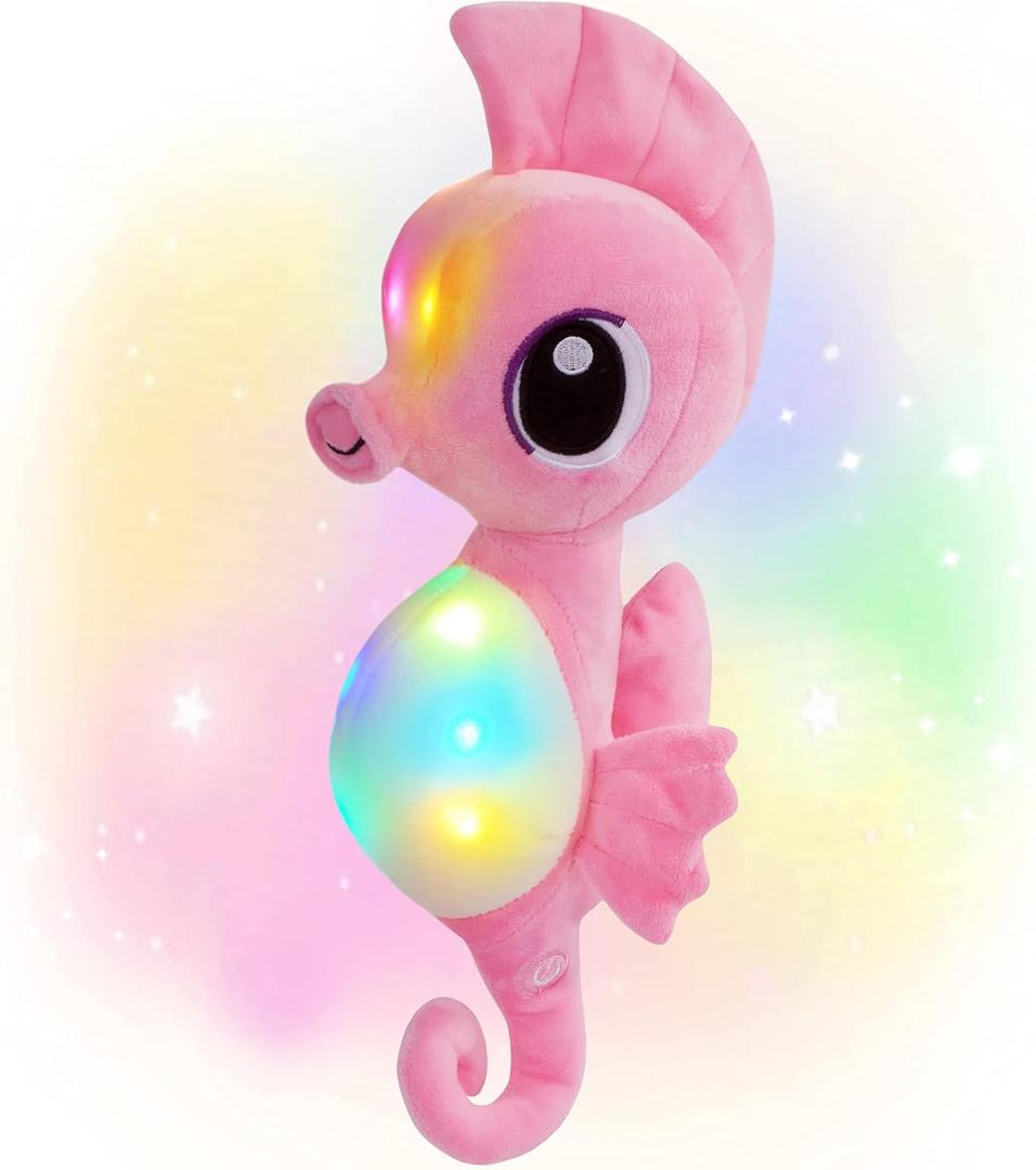 Athoinsu Light up Seahorse Stuffed Animals LED Soft Ocean Life Plush Toy with Night Light Bedtime Pal Birthday Children's Day Gifts for Toddler Kids, 8'' (Pink) (Pink Seahorse)