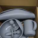 LITTLE RAWR Silicone Baby Feeding Set 14 Pcs,Baby Led Weaning Supplies, Baby Spoons Suction Bowl Divided Plate Bib Cup Finger Brush,First Stage Solid Food Eating Utensils - 6+ Months(Blue Gray)