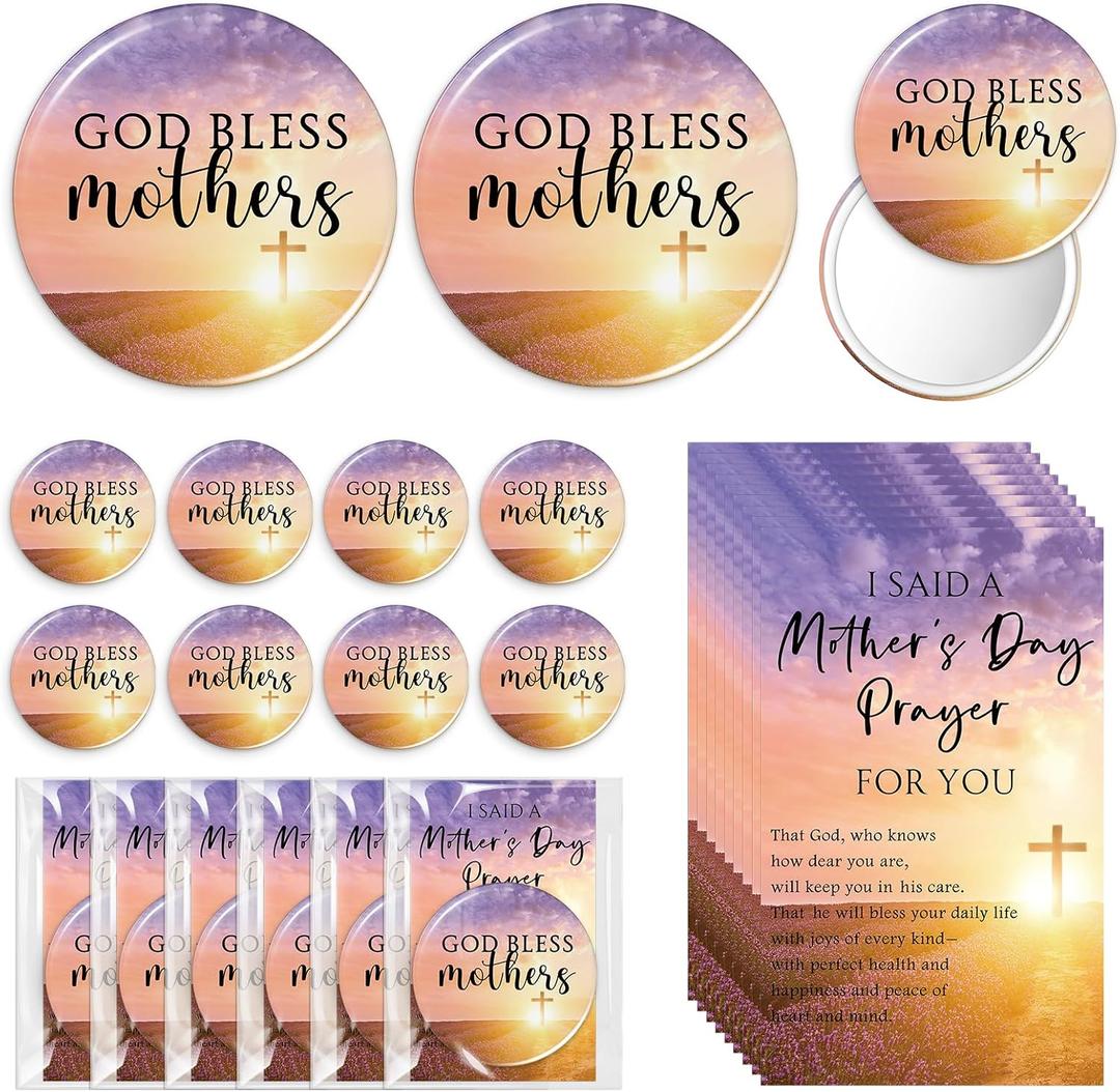 Cinnvoice 60 Set Inspirational Compact Mirror Bulk Gift for Women Mini Makeup Pocket Mirror with Motivational Card for Graduation Teacher Nurse Mental Health Month Employee Coworker (God Bless Mother)