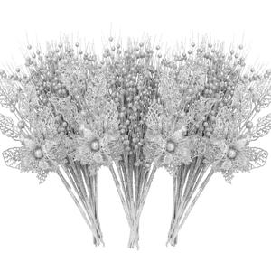 ROSELEAF 28 Pack Christmas Tree Ornaments, Artificial Glitter Berry and Flowers Stem Silver Branches Picks for Xmas Tree Decoration Gift Small Vase Home Holiday Wedding Party Decor