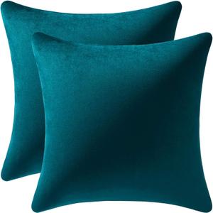 DEZENE Throw Pillow Cases 18x18 Teal: 2 Pack Cozy Soft Velvet Square Decorative Pillow Covers for Farmhouse Home Decor (18" x 18" (Pack of 2))