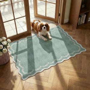 GarveeHome Scalloped Entryway Rug, 2x3 Sage Green Washable Front Door Rug Indoor Entrance Floral Carpet Non-Slip Low Pile Throw Rugs for Kitchen Floor, Powder Room, Entry, Bathroom, Kids Room