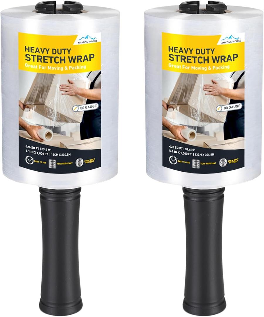 Clear Plastic Wrap For Moving - Industrial Packing Wrap Roll 80 Gauge 5.1" x1000ft Stretch Wrap For Moving With Plastic Handle, Durable Self-Adhering Packing, Heavy Duty Shrink Wrap Pack of 2