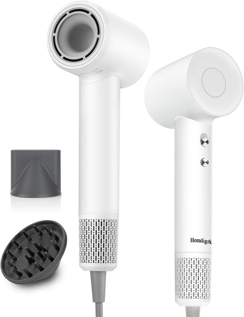 Hair Dryer, Travel Small Hair Dryer with Diffuser,High Speed Brushless Fast Drying Blow Dryer,Low Noise/Compact/Mini Design Hairdryer for Women,Men - No Heat Damage (Light White)