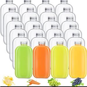 Thenshop 24 Pack Plastic Bottles with Caps, Clear Juice Bottles Flat Water Bottle Plastic Flask Bottle Reusable Mini Beverage Container for Drinks, Milk, Tea, Alcohol, Liquor (12 oz) Missing Pieces, (Only 12 Lids & 14 Bottles)