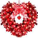 14'' Valentines Day Heart Wreath for Front Door with Bow and String Lights Red Wire Heart Shaped Wreath Perfect for Front Door, Wall, Window, Valentines Day Door Decor, Wedding Party Romantic Decor