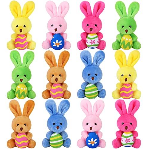 Fovths 12 Pack 4.7 Inch Easter Plush Bunnies Keychain Eggs Stuffed Bunny Set Plush Rabbit with Eggs Filler or Basket Filler Rabbit Keychain Set Easter Party Favors Gifts, Multi-Color