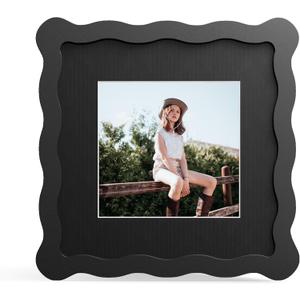 6x6 Picture Frame with Mat for 4x4, Wavy Edge Wooden Real Glass Photo Frame for Tabletop and Wall Hanging, Black, 1 Pack