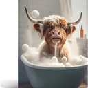 UPWOIGH Bathroom Wall Art, 12x16in Highland Cow Wall Decor,Waterproof Wood Framed Canvas Wall Art, Cute Funny Animal Bathing Abstract Prints,Modern Home Dcor for Bedroom Classroom Farmhouse Gift