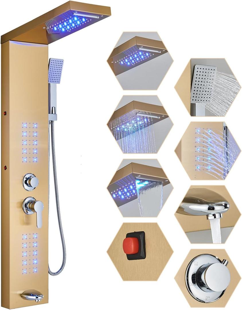 Shower Panel Contemporary Shower Tower with LED Shower Head System Full Body Shower Jets Wall Mounted Shower Panels Stainless Steel Shower Faucet Set Brushed Gold