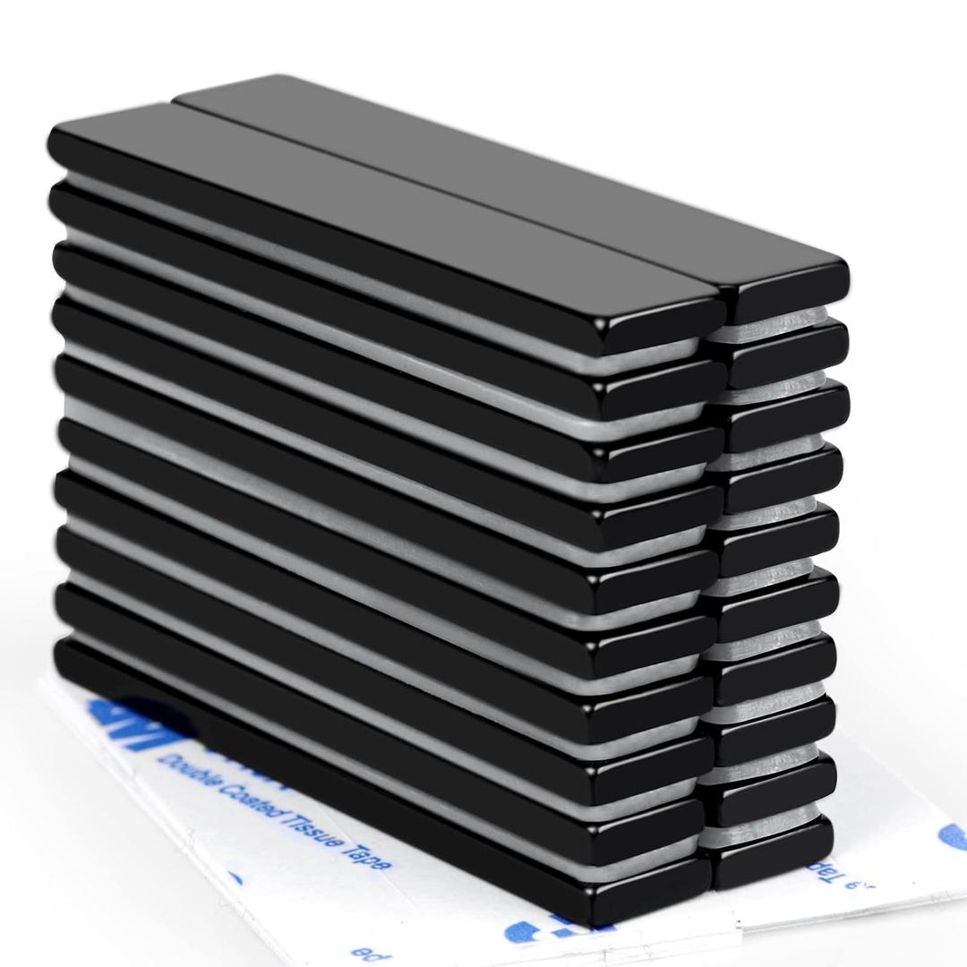 MIKEDE 20 Pack Extra Strong Neodymium Rare Earth Magnets Bars,with Double-Sided Adhesive, Black Epoxy Waterproof Strong Neodymium Magnets - 60 x 10 x 3 mm
